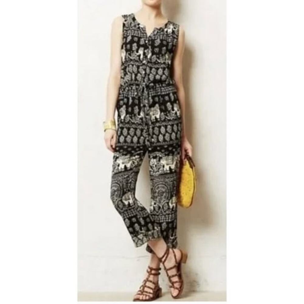 Anthropologie Lilka Jaipur Elephant Print Sleeveless Flowing Jumpsuit w Pockets